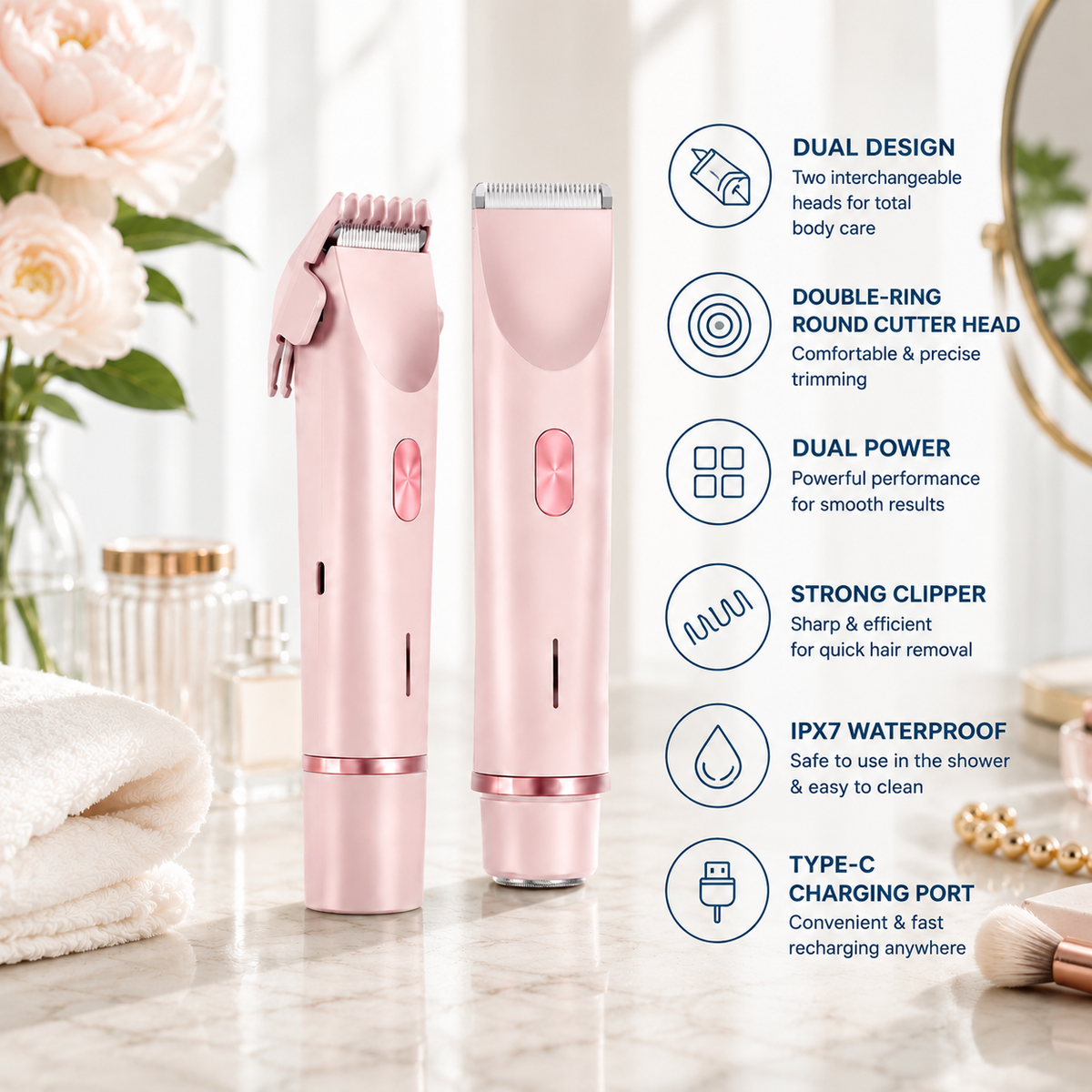 Bienelia™ Afeitadora eléctrica para mujer – Depilación de doble cabezal para rostro y cuerpo, resistente al agua IPX7